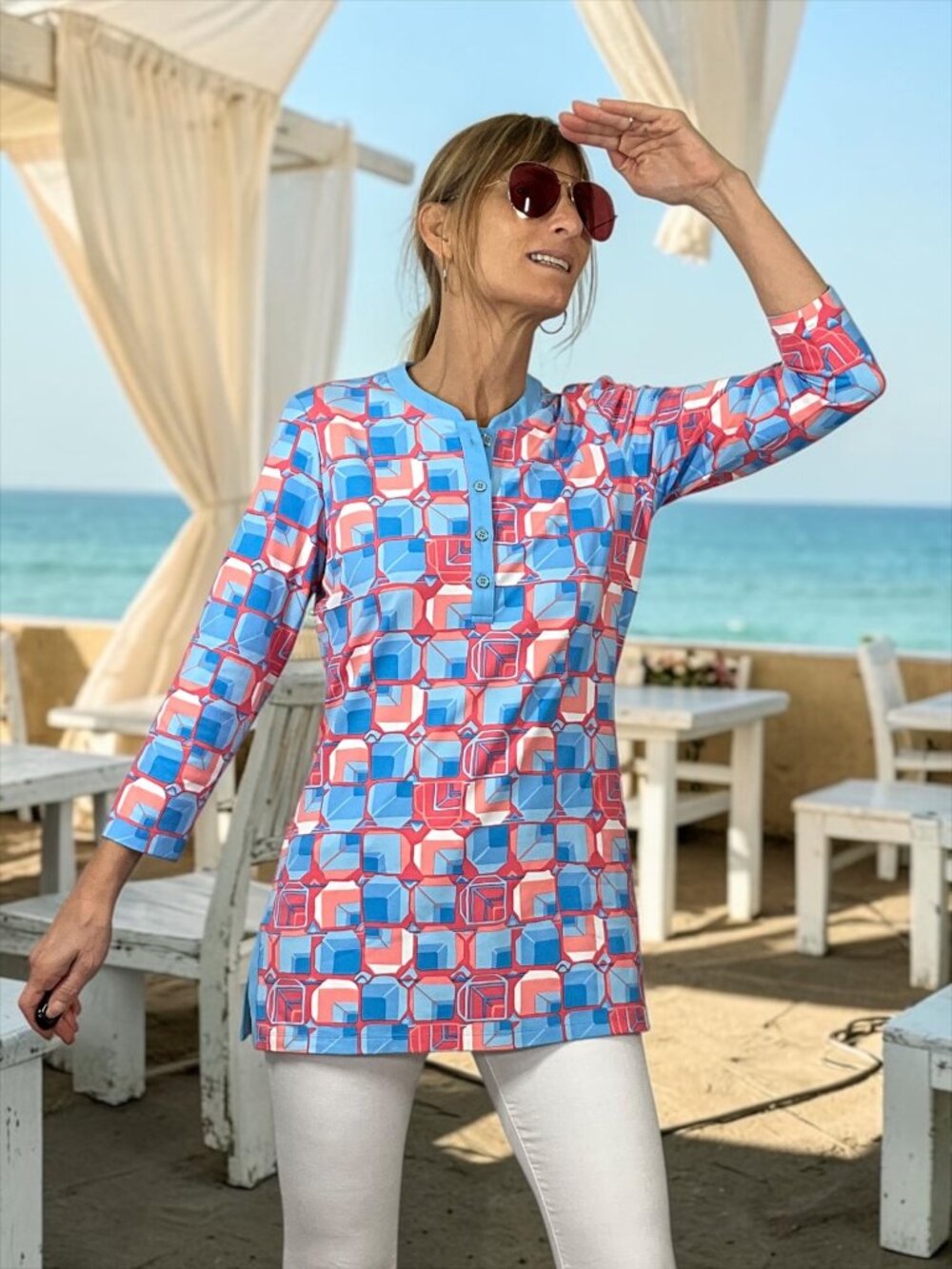 J. McLaughlin For Dillards Catalina Tunic Top S Blue Pink Coastal